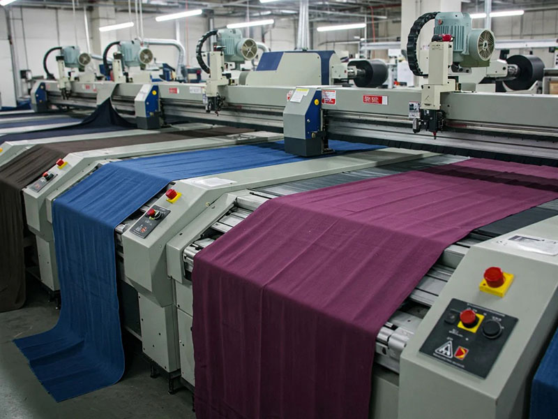 Automated textile cutting machines processing blue and purple fabric sheets