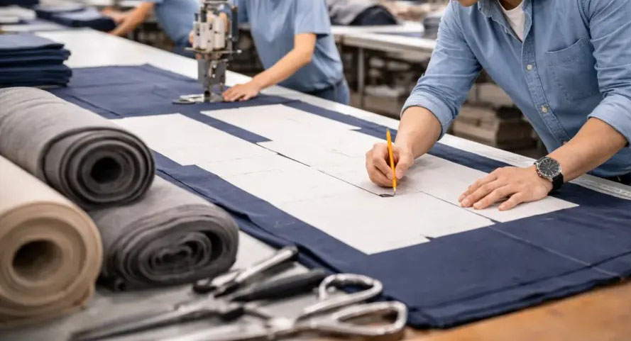 Garment workers marking fabric patterns on cutting table in factory