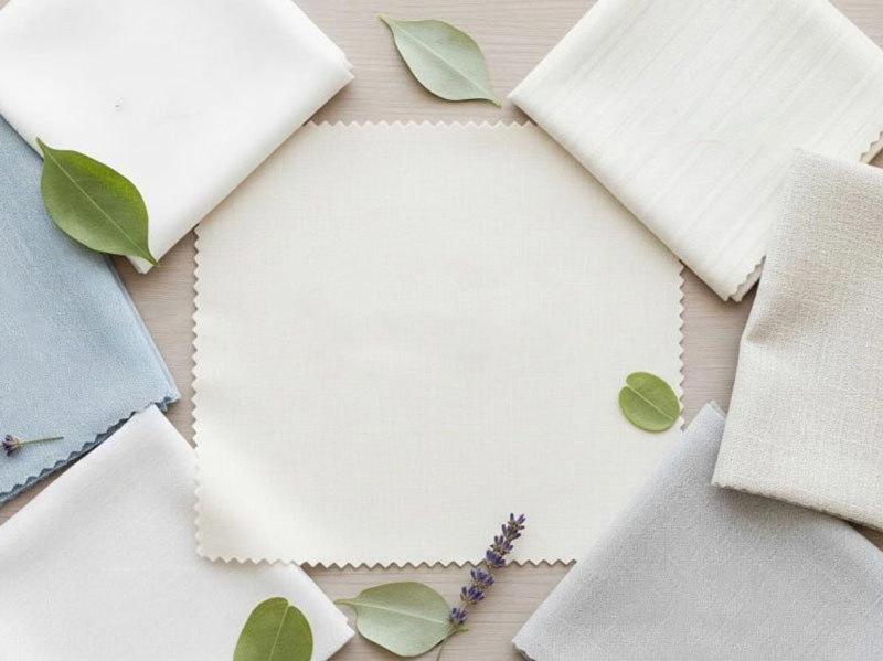 Neutral fabric swatches arranged with leaves around central sample space