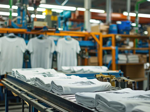 Folded white T-shirts moving along conveyor in busy garment factory