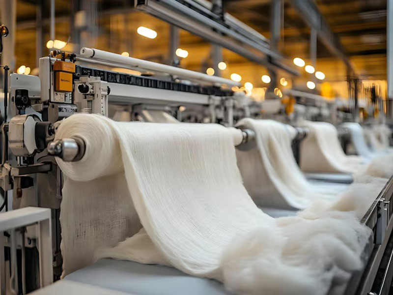 White fabric rolls running through automated textile manufacturing machine line