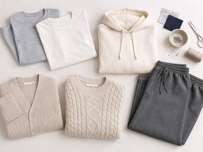 Folded casual clothing and sewing supplies arranged in neutral flat lay