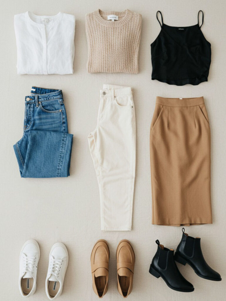 clothing outfits with tops, jeans, skirt, pants, and shoes