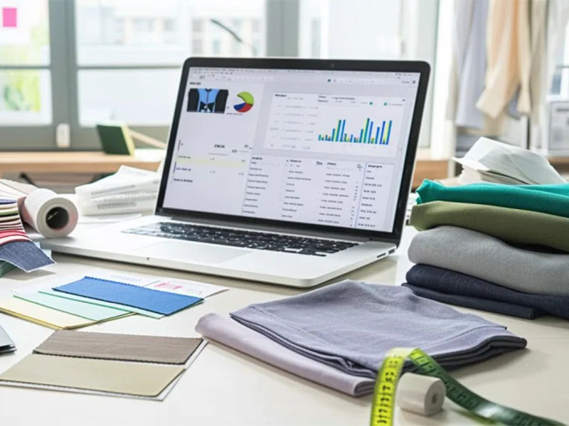 Laptop showing apparel analytics  with fabric swatches, folded textiles, and measuring tape