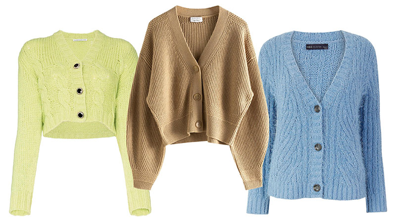 Three folded button-up cardigans displayed side by side.