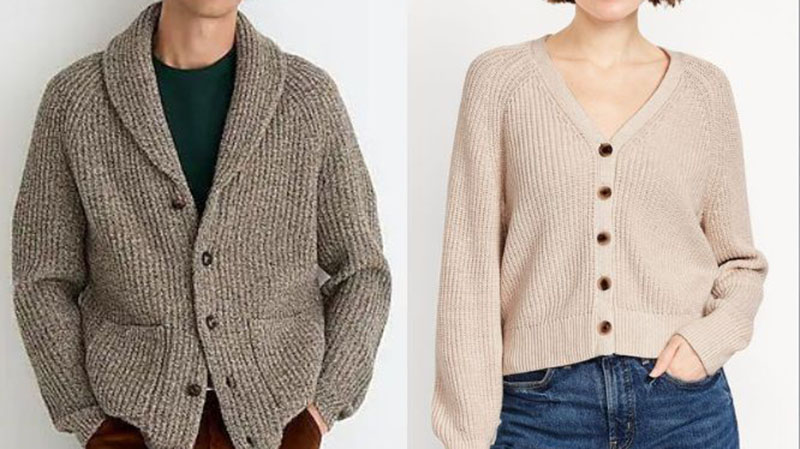 Two models wearing knit cardigans. The left model wears a chunky brown knit cardigan with large buttons and pockets over a dark green top. The right model wears a light beige knit cardigan with smaller buttons, a V-neckline, and long sleeves over a tucked-in white top paired with blue jeans.