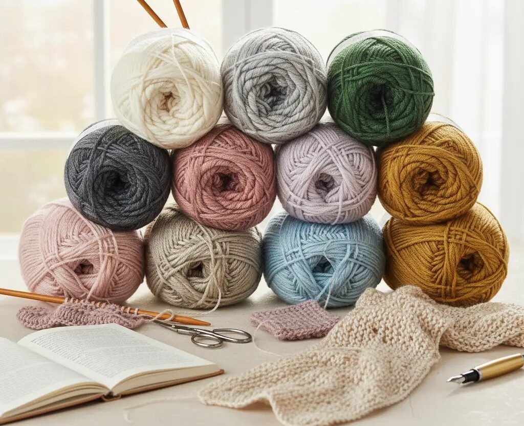 A pyramid stack of colorful yarn balls in white, gray, green, black, pink, lavender, mustard yellow, beige, and light blue.