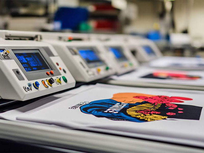 Printed graphic T-shirt on automated textile printing machine with digital control panels