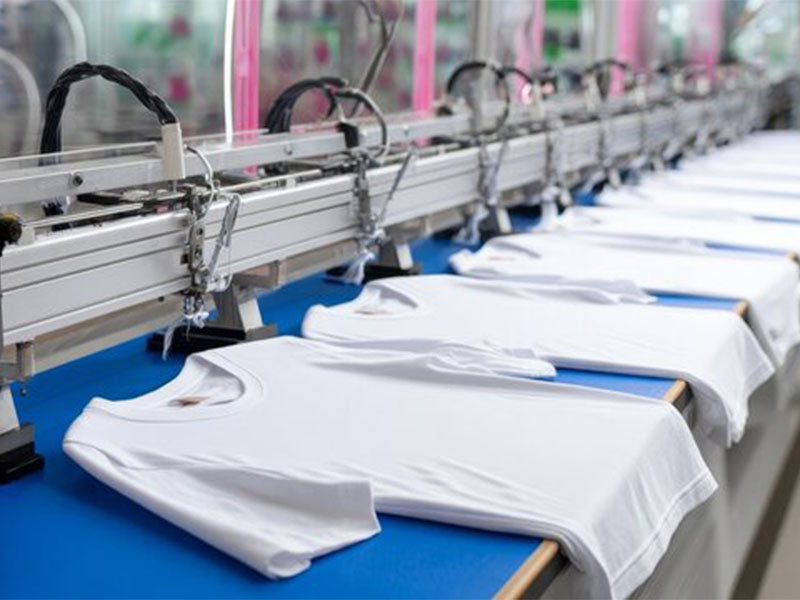 White T-shirts aligned on automated sewing or printing conveyor in textile factory