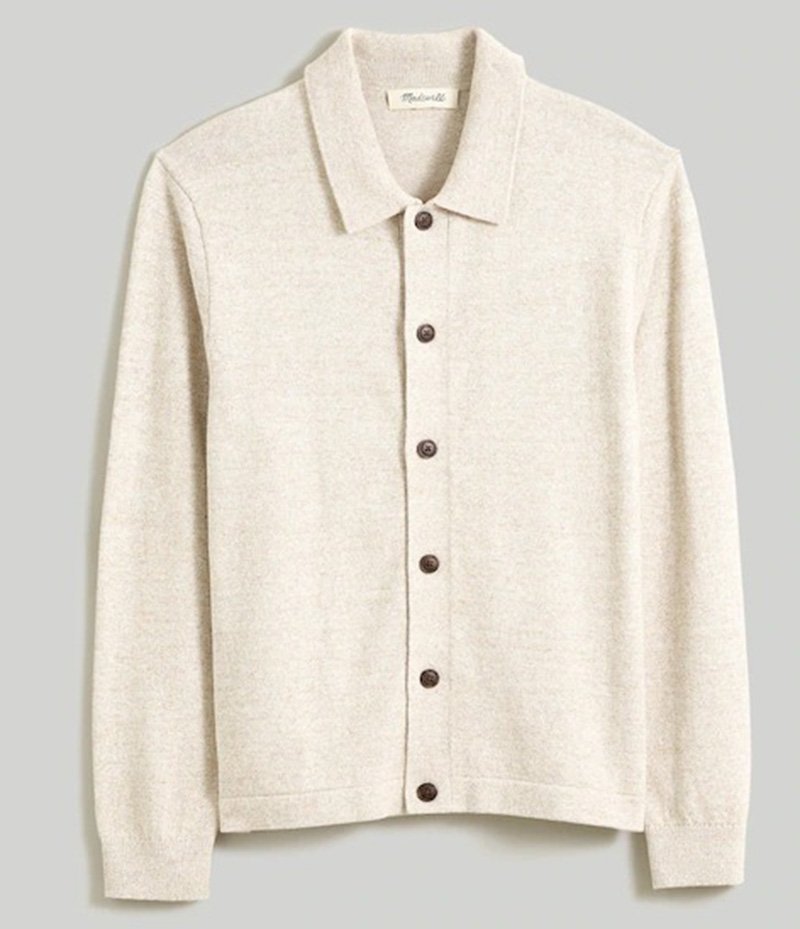 Beige button-up knit cardigan with collar and long sleeves on plain background
