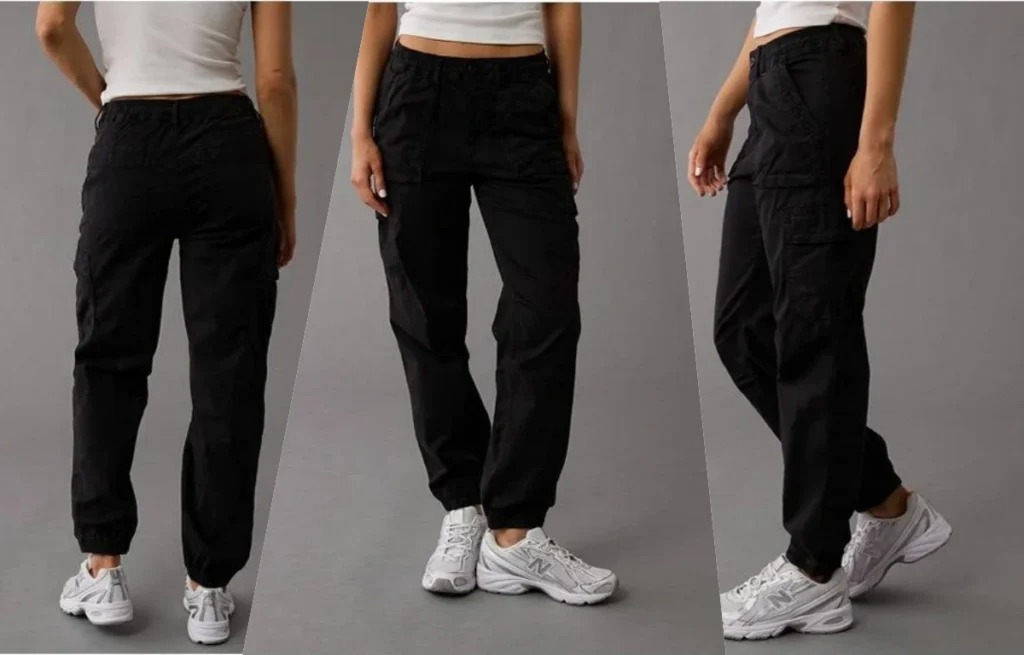 Black women’s cargo jogger pants shown from back, front, and side views