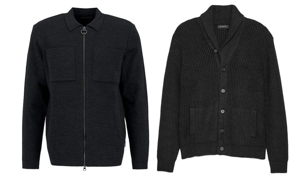 Two black knit outerwear styles shown side by side, one zip jacket and one ribbed button cardigan