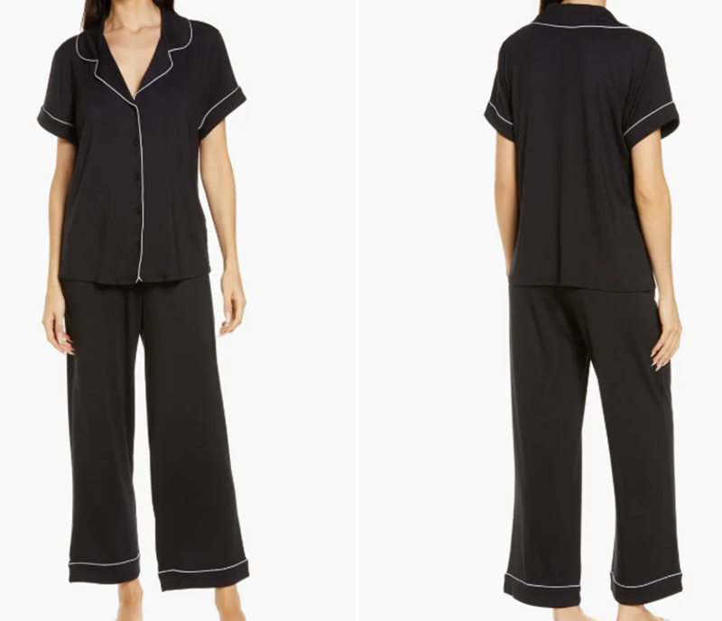 Black short-sleeve pajama set shown from front and back views.