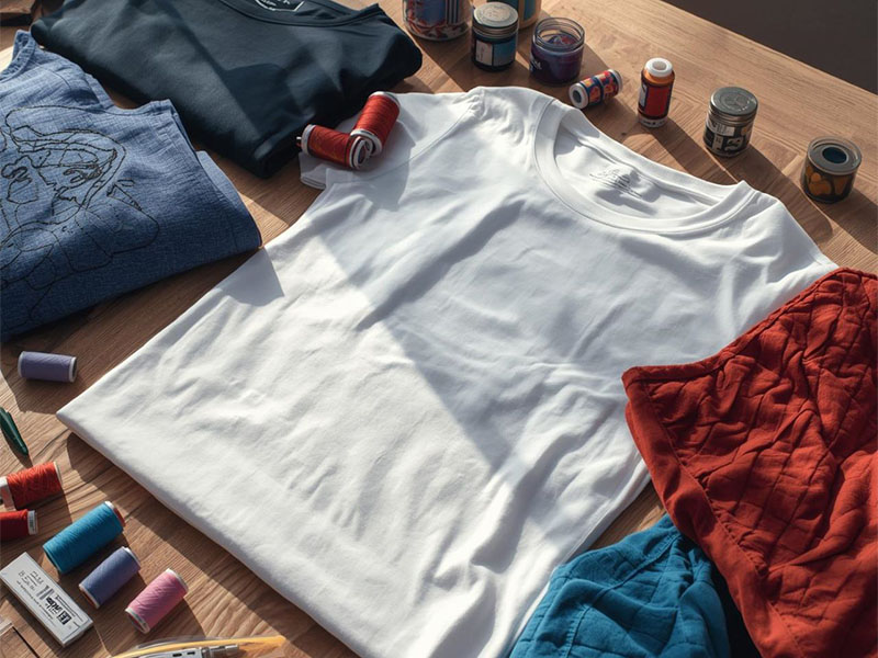 White blank T-shirt surrounded by folded garments, thread spools, and fabric dye jars