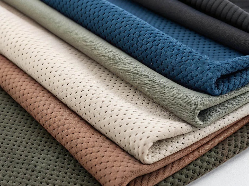 Folded perforated athletic fabrics in neutral and blue tones, highlighting breathable mesh texture.