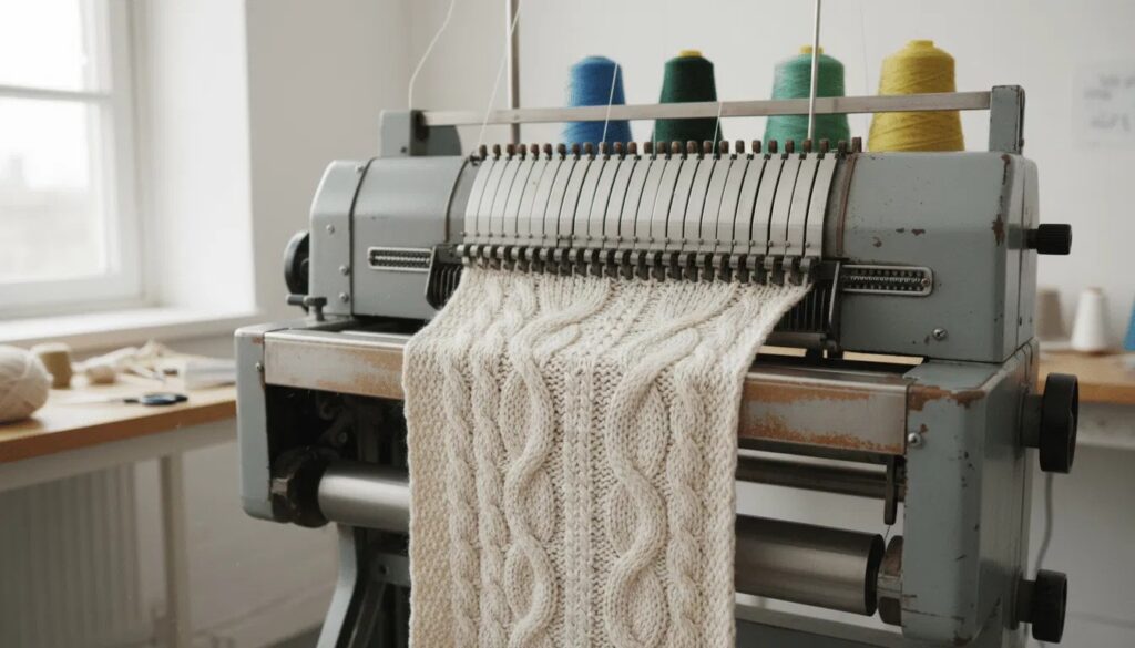Industrial knitting machine producing white cable knit fabric with colorful yarn spools above