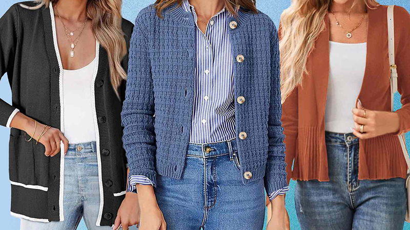 Women modeling cardigans in black, blue, and rust styled with casual denim outfits