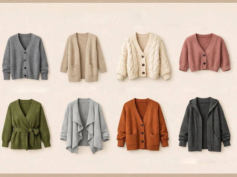 Assorted knit cardigans displayed in multiple styles and neutral seasonal colors