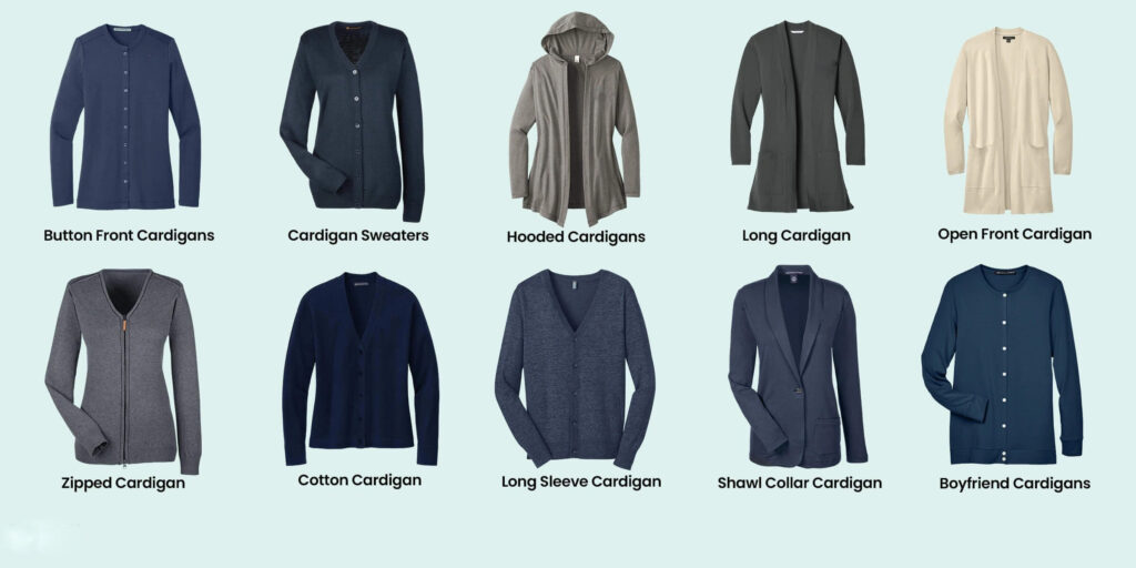 Cardigan style guide showing button-front,  longline, zip, shawl collar, and open-front designs