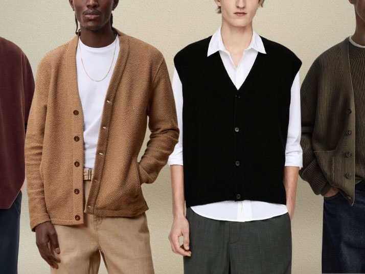 Models wearing button-up knit cardigans and sweater vests in neutral tones