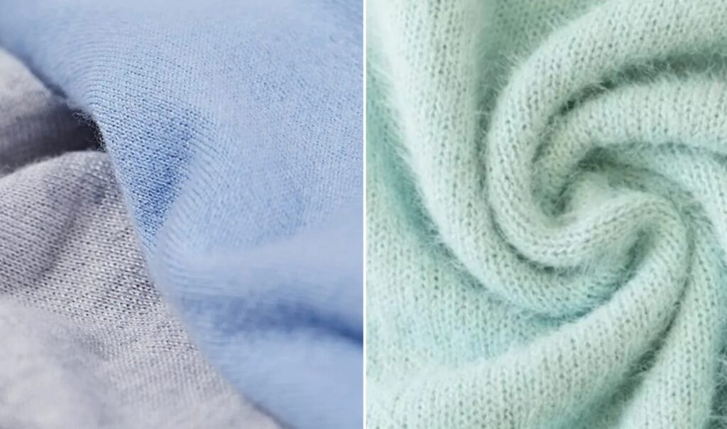 Side-by-side close-up images of soft fabrics.