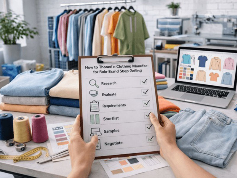 Hands holding clothing manufacturer checklist with fabric samples, garments, and laptop in design studio