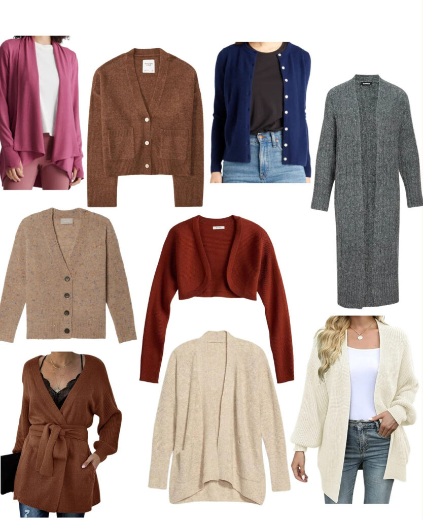 Nine different women's cardigans arranged in a grid.