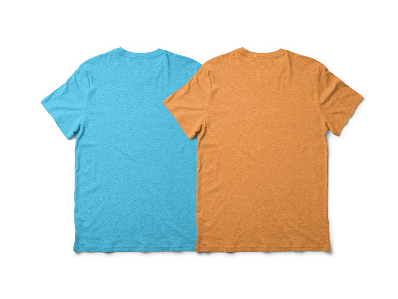 Two blank T-shirts in blue and mustard colors displayed side by side