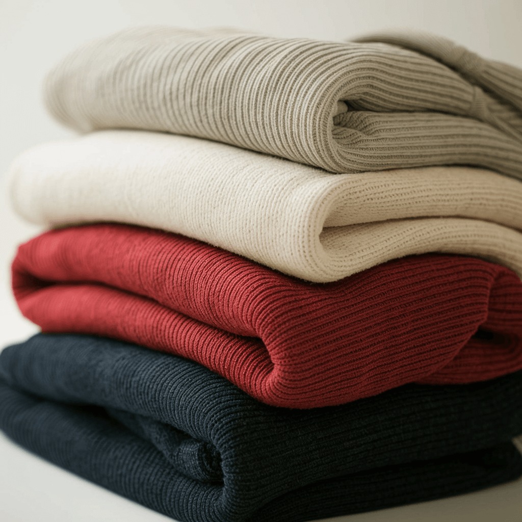 Folded ribbed knit sweaters stacked in neutral, cream, red, and navy tones