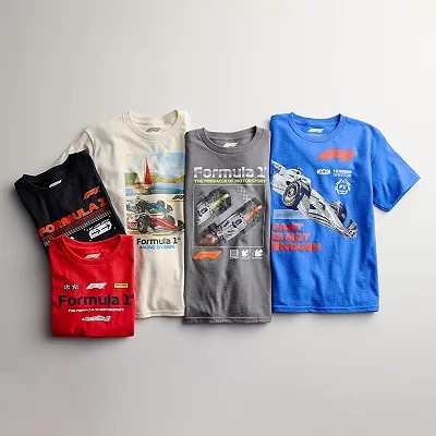 Colorful  racing graphic T-shirts displayed in assorted folded and flat styles