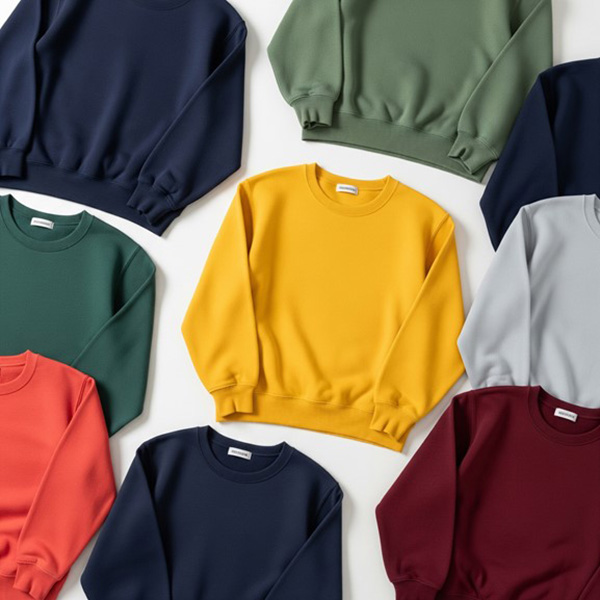 Colorful crewneck sweatshirts arranged flat in yellow, navy, green, gray, coral, and burgundy.