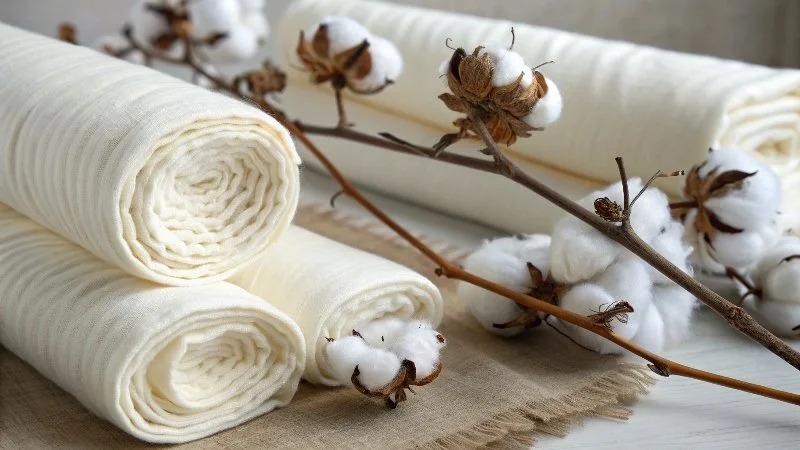 Rolled white cotton fabric with cotton branches arranged on a natural linen surface
