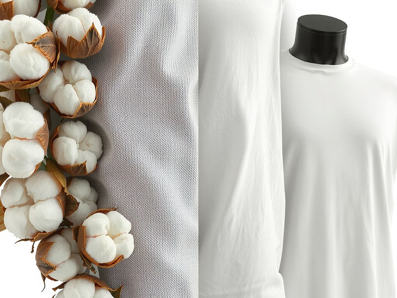 Cotton bolls, white fabric, and plain garment displayed on mannequin
