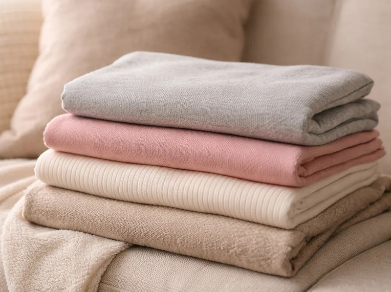 Folded pastel blankets stacked on sofa in a cozy living room