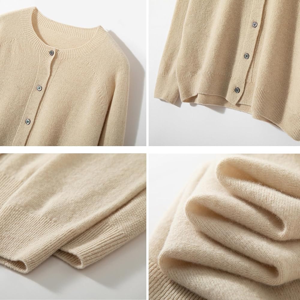 Cream button-up cardigan shown in detail views highlighting knit texture, cuffs, hem, and soft fabric folds.