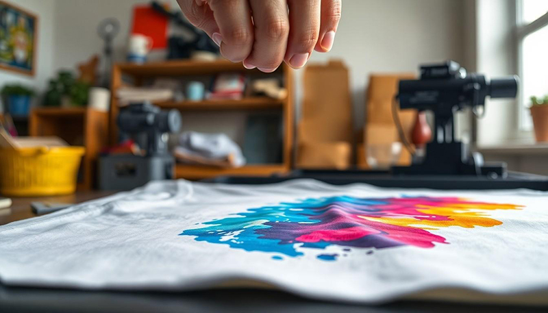 Close-up of a hand sprinkling a substance over a white t-shirt with a colorful abstract design, in a small workshop with printing equipment in the background.