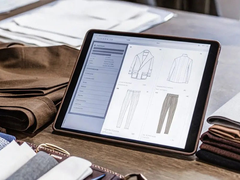 Tablet displaying garment technical sketches beside folded fabric samples on worktable