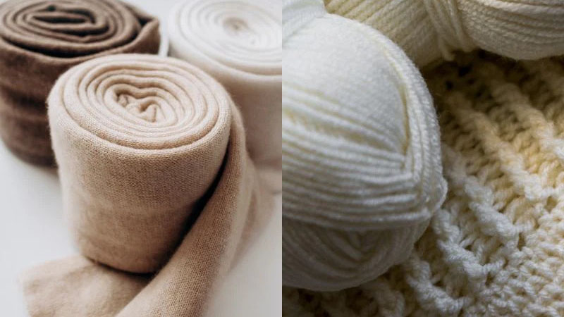 Two close-up images side by side, two balls of white yarn resting on a cream-colored knitted fabric.