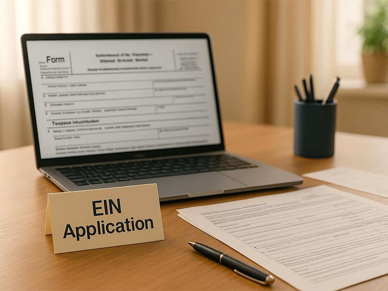 Laptop showing EIN application form with documents and pen on desk