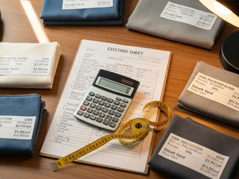 Fabric costing sheet with calculator, measuring tape, and labeled material swatches on desk