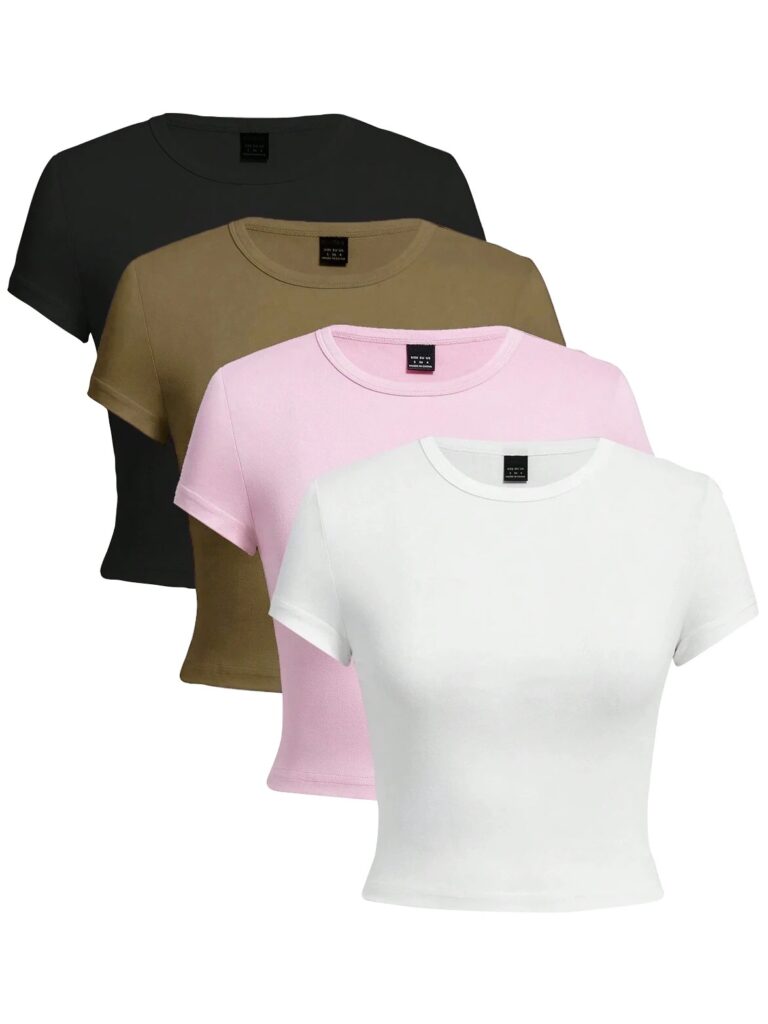 Four fitted cropped T-shirts layered in white, pink, olive, and black