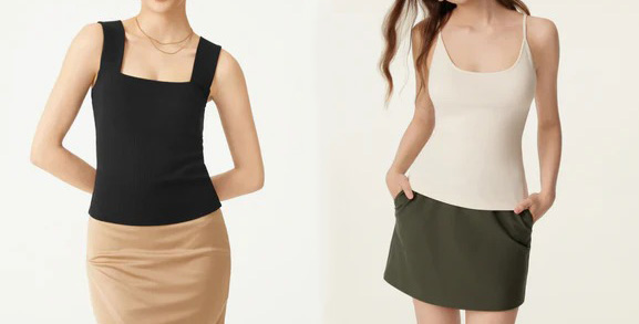 Two women wearing fitted camisole tank tops in black wide straps and beige thin straps.