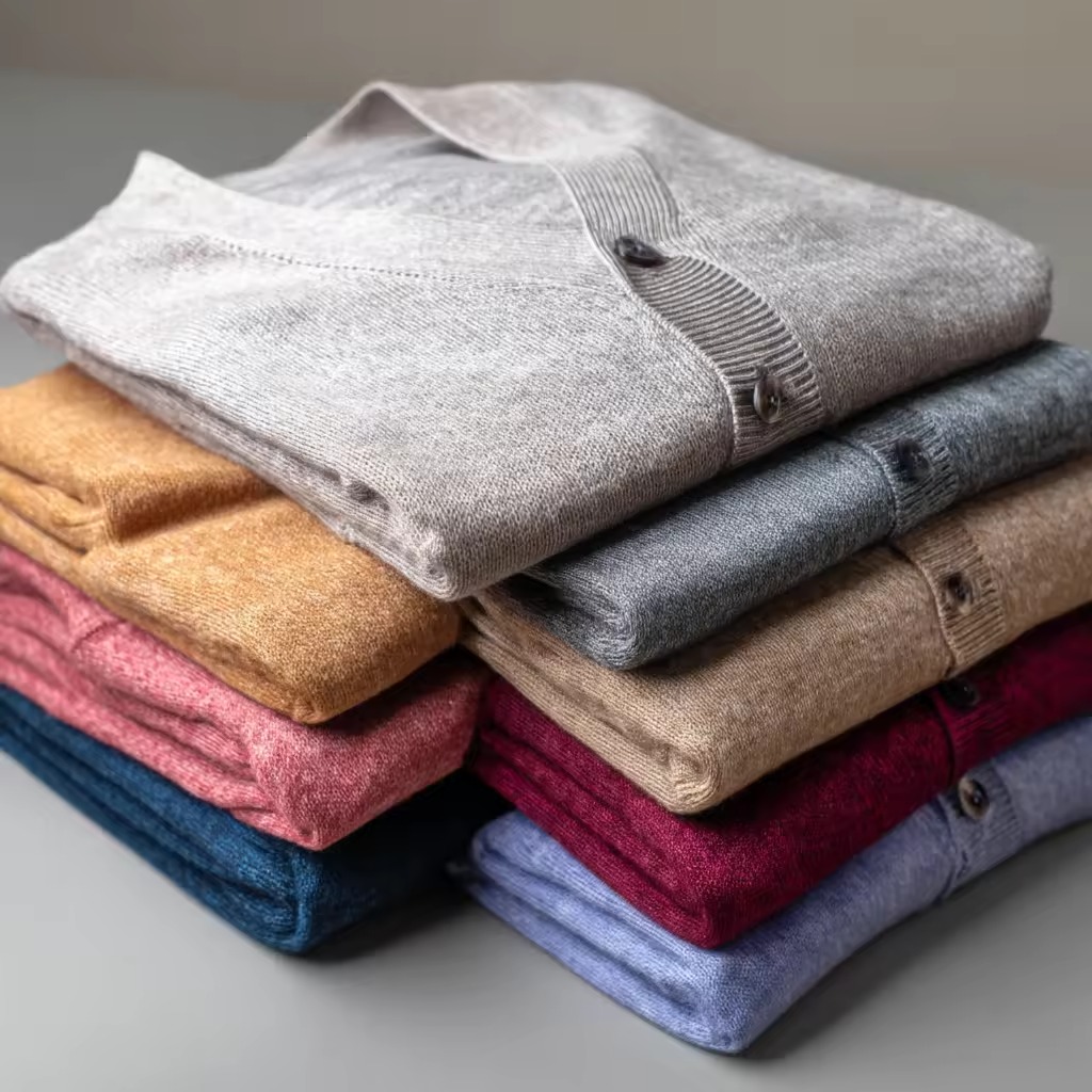Stack of folded button-up cardigans in assorted colors including gray, blue, beige, pink, and red.