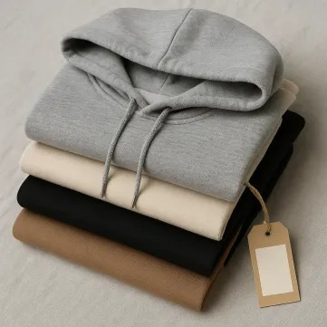 Stack of folded hoodies in gray, cream, black, and brown tones
