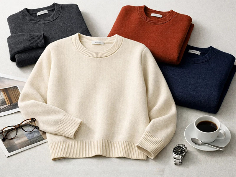 Folded knit sweaters in cream, navy, rust, and charcoal tones
