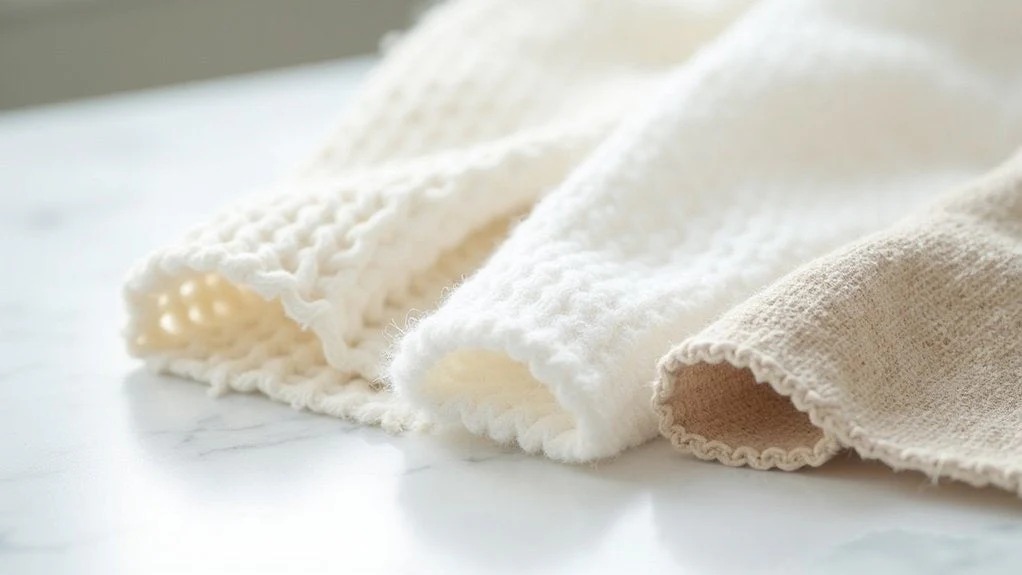 Three folded knit fabrics laid side by side on a marble surface. The fabrics are in neutral tones: off-white, white, and light beige, showing different knit textures.