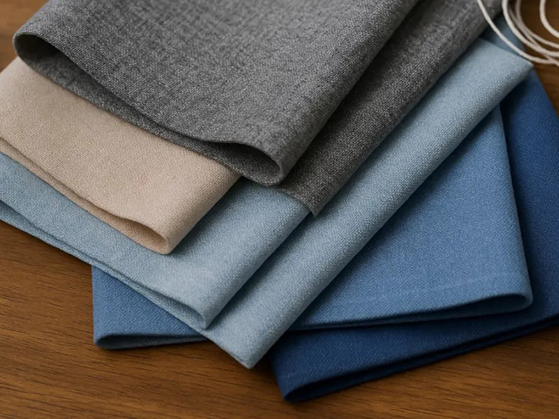 Folded fabric pieces in gray, beige, and blue on wood