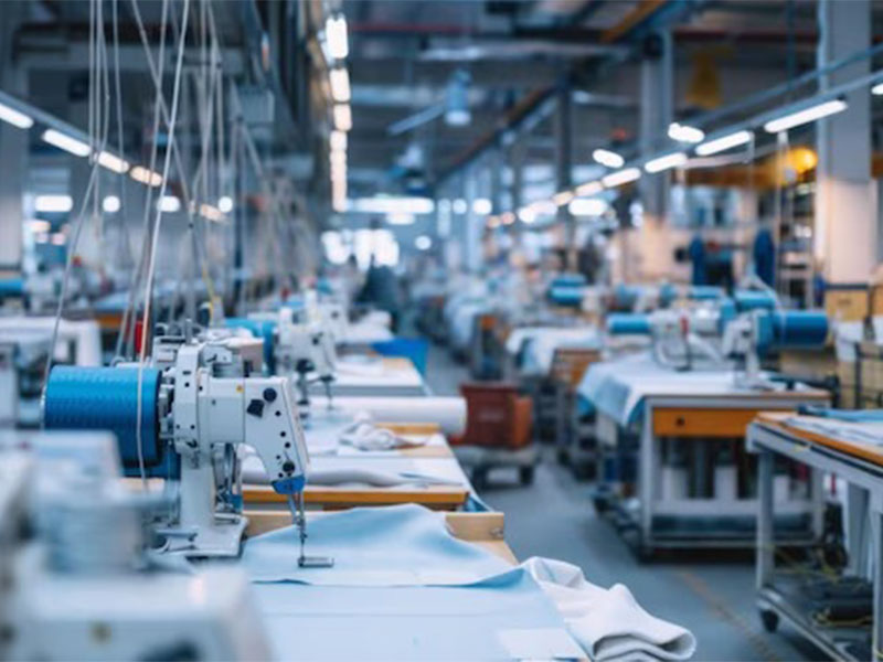 Industrial sewing machines lined across a large garment factory with white fabric pieces on worktables