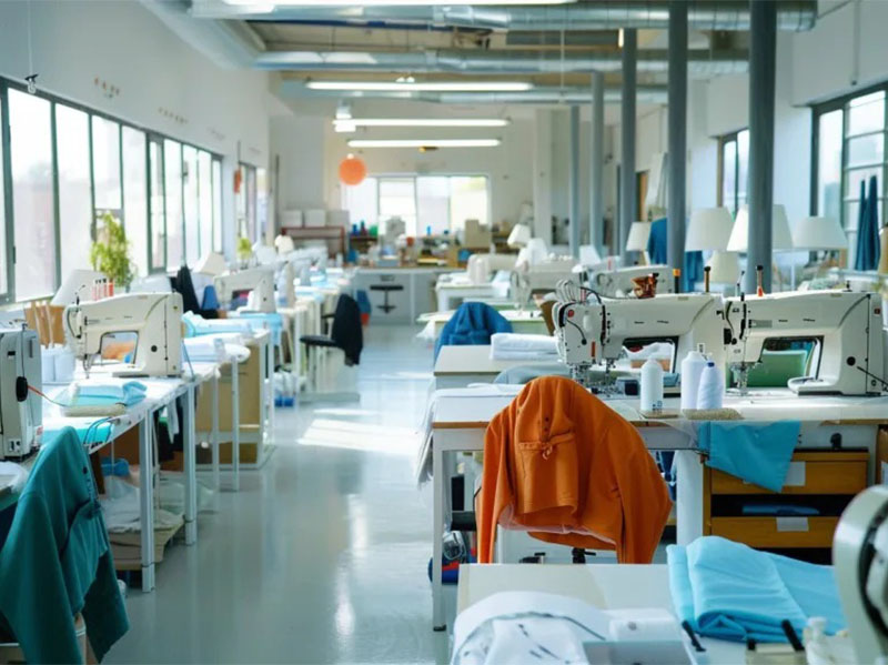 Bright garment workshop with rows of sewing machines and fabric on spacious production floor