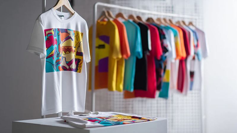 White graphic T-shirt displayed with colorful printed tees on clothing rack